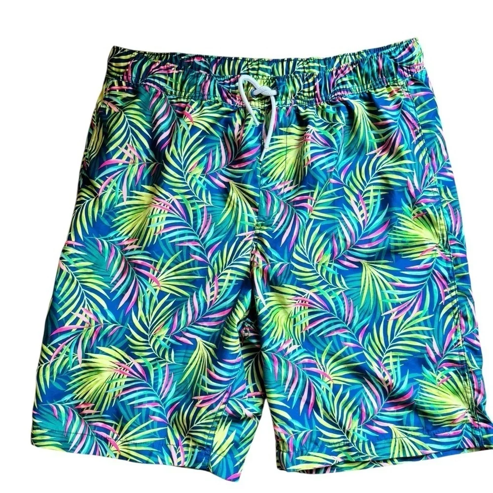 Lands’ End Swim Trunk Mesh Lining Boys 18/20 Husky Green Fern Print Pockets 8.5”